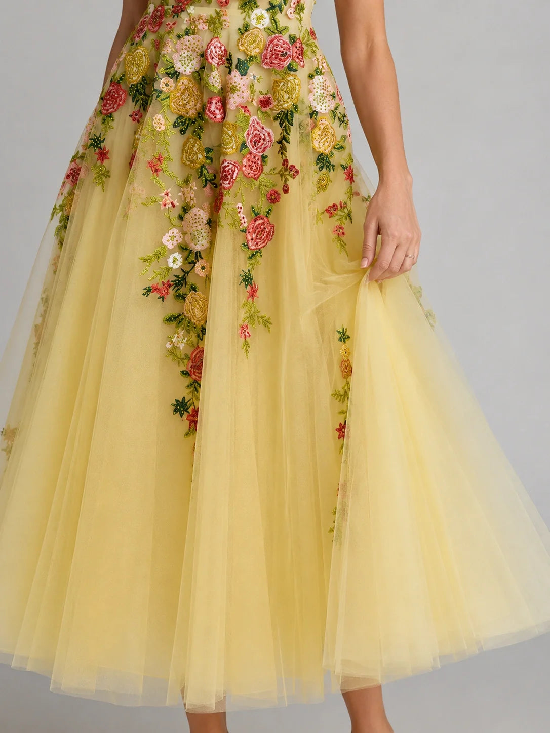 Yellow Floral Embroidered Tulle Midi Dress