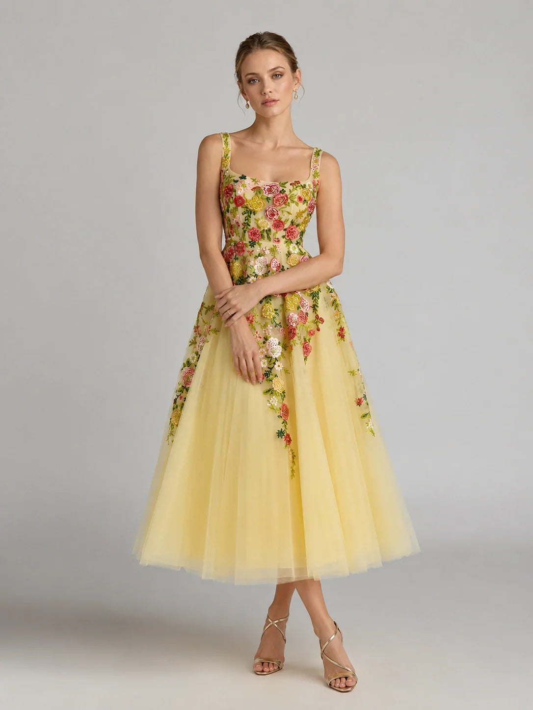 Yellow Floral Embroidered Tulle Midi Dress