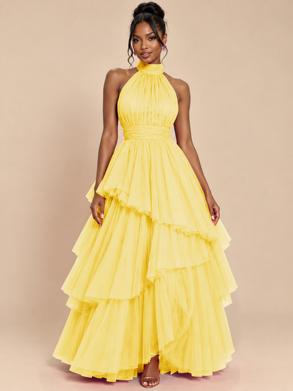 Hot Pink Tulle Halter Neck Tiered Ruffle Maxi Dress