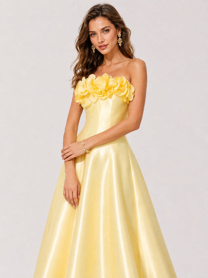 Yellow Strapless Satin A-Line Prom Dress with 3D Floral Applique