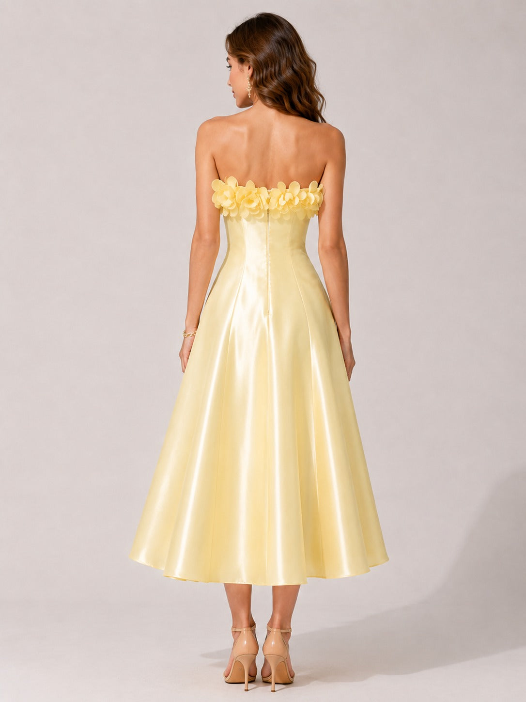 Yellow Strapless Satin Midi Dress with 3D Floral Applique
