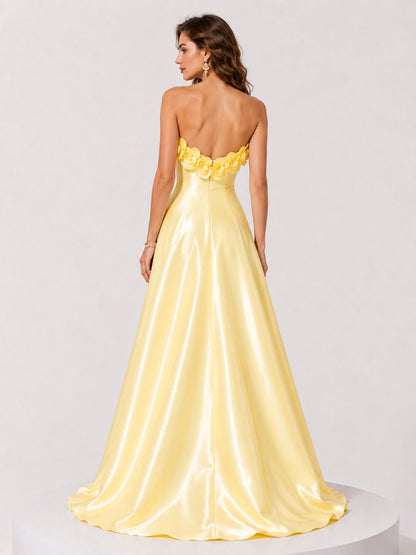 Yellow Strapless Satin A-Line Prom Dress with 3D Floral Applique