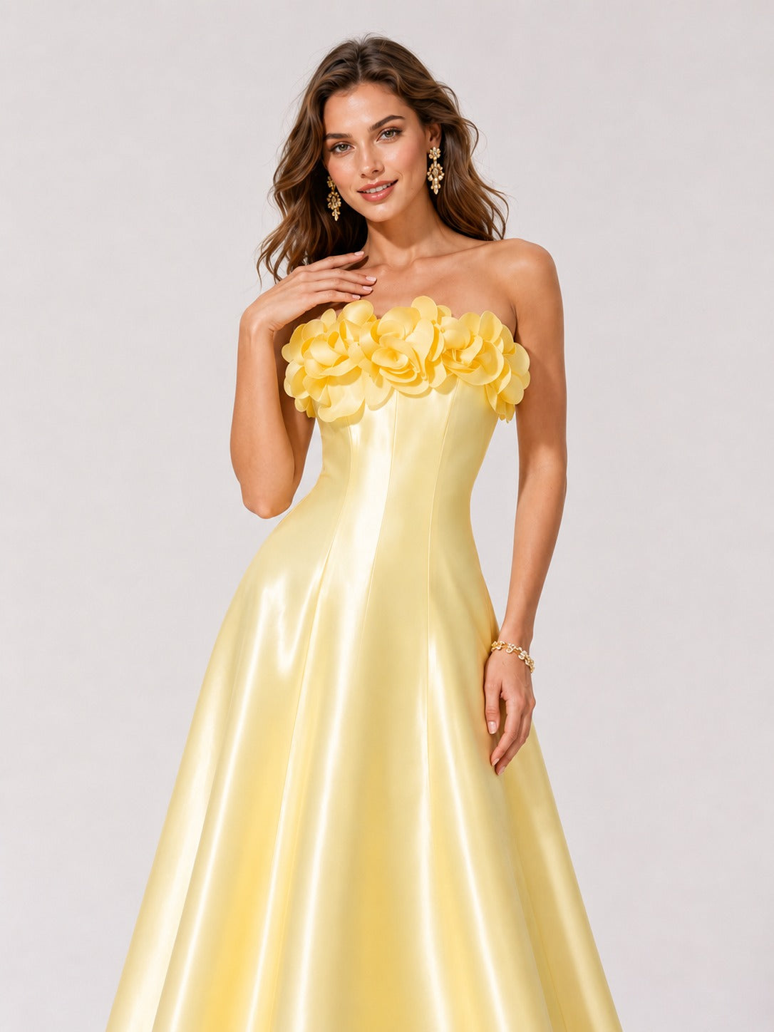 Yellow Strapless Satin A-Line Prom Dress with 3D Floral Applique