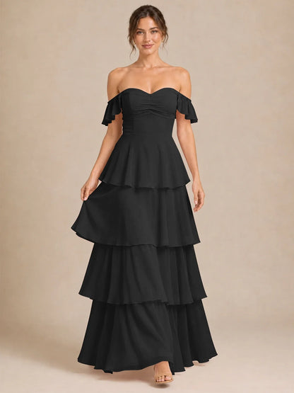 Off Shoulder Tiered Chiffon A-Line Bridesmaid Dress