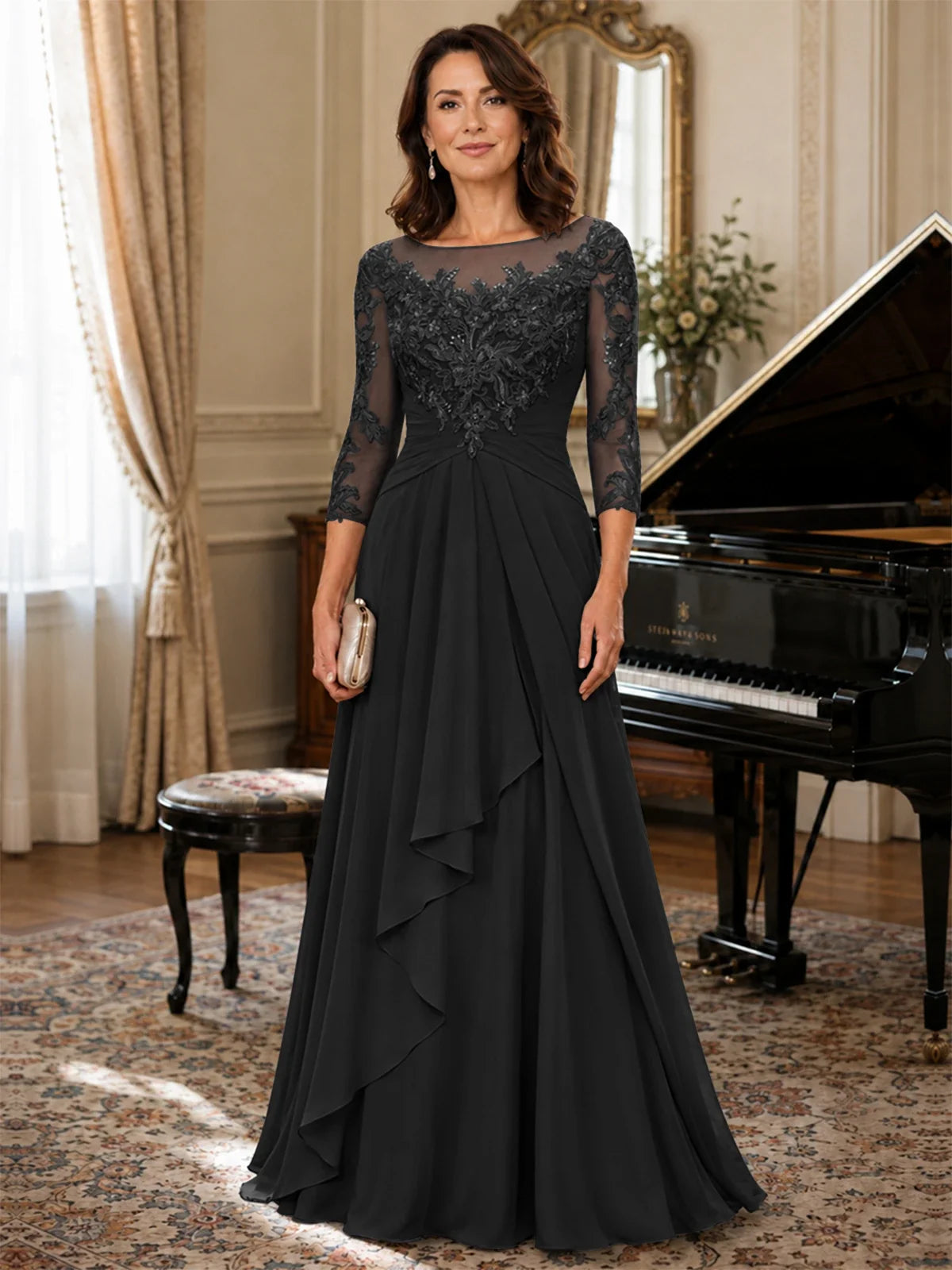 A-Line Chiffon Mother of the Bride Dress with Floral Applique 3/4 Sleeves