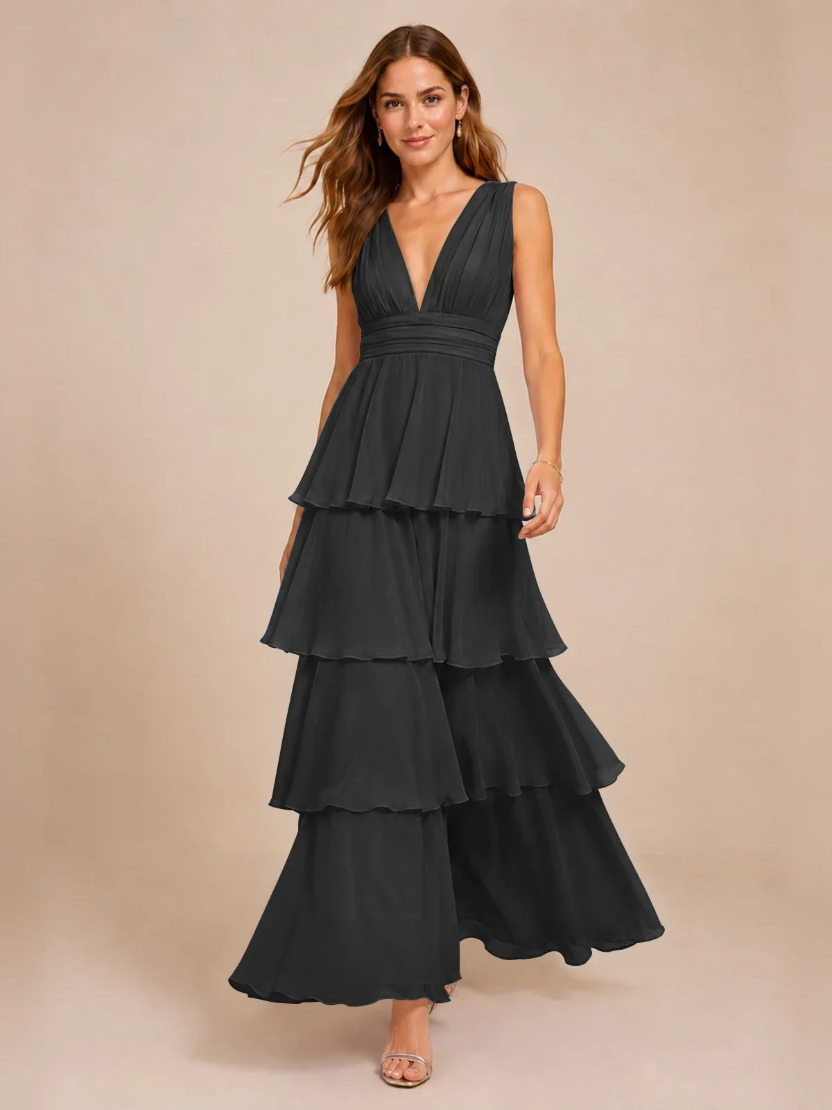Elegant Deep V Neck Chiffon Bridesmaid Dress with Tiered Ruffles