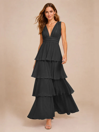 Elegant Deep V Neck Chiffon Bridesmaid Dress with Tiered Ruffles