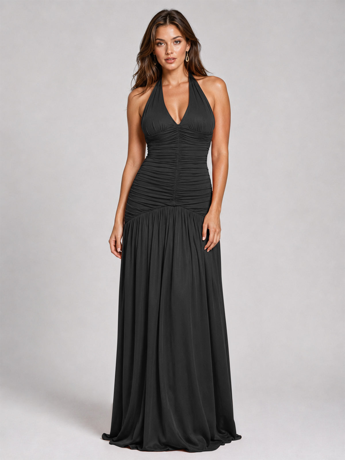 Burnt Orange Ruched Halter Drop-Waist Prom Dress