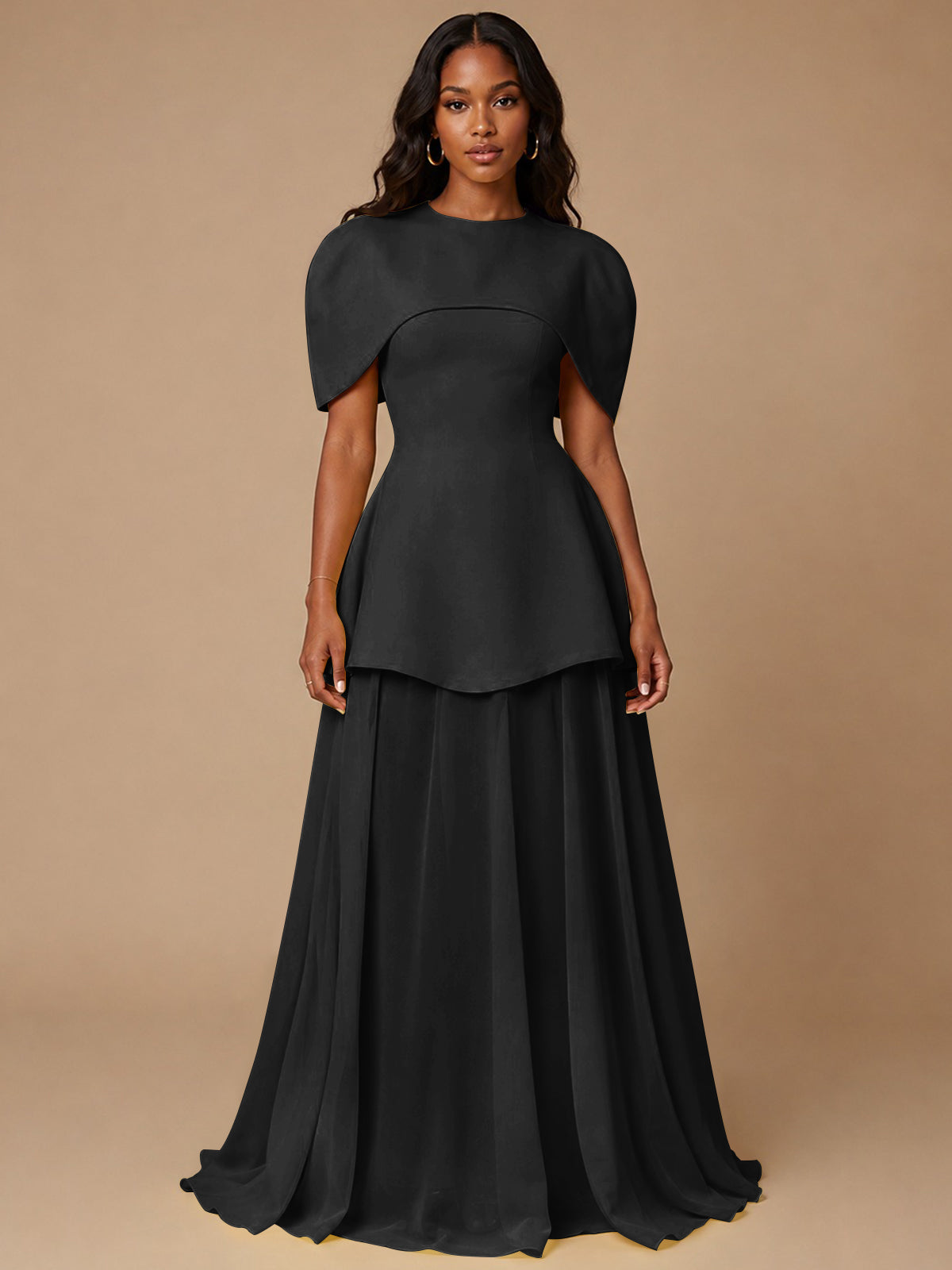 Yellow Cape Sleeve Peplum Maxi Dress