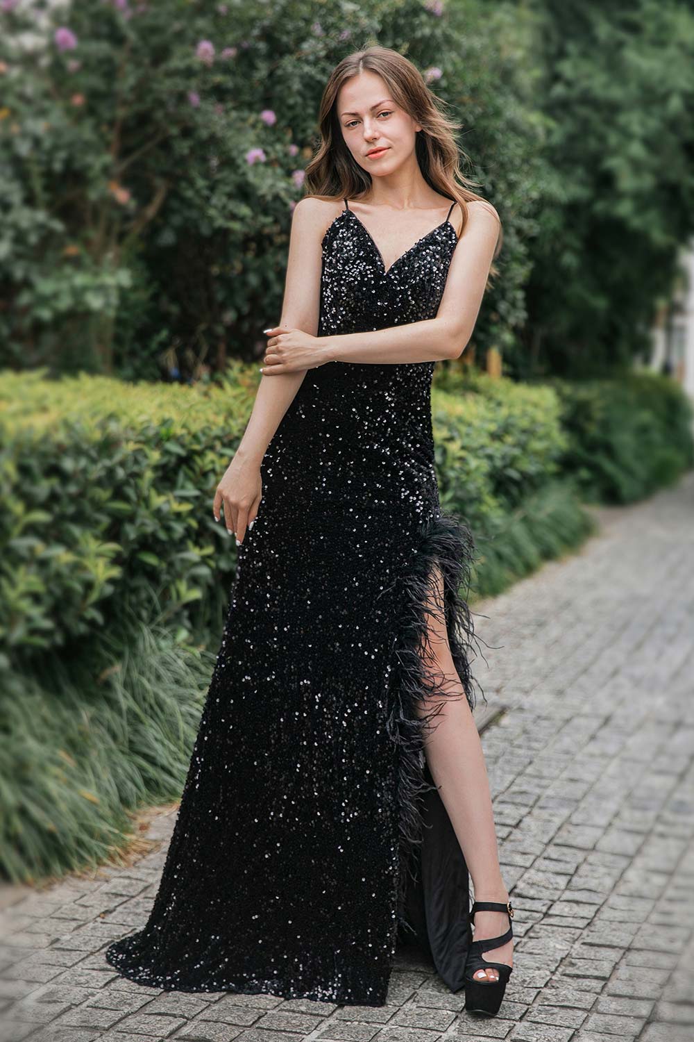 Sequin Long Side Slit Prom Dress with Feather