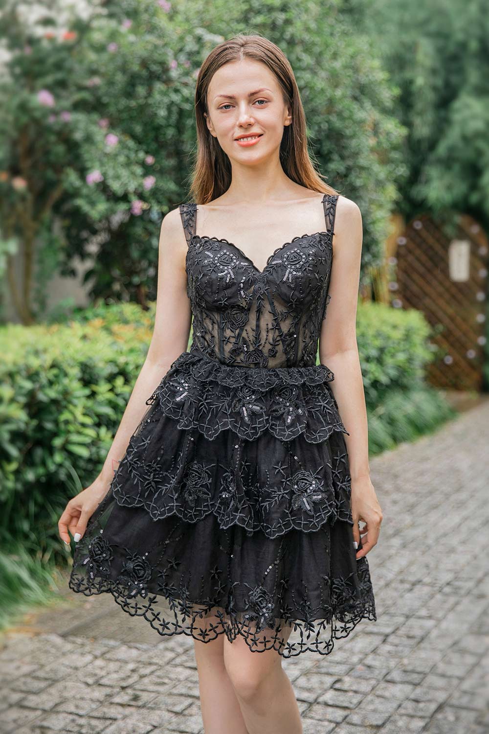 A-Line Lace Tiered Corset Homecoming Dress