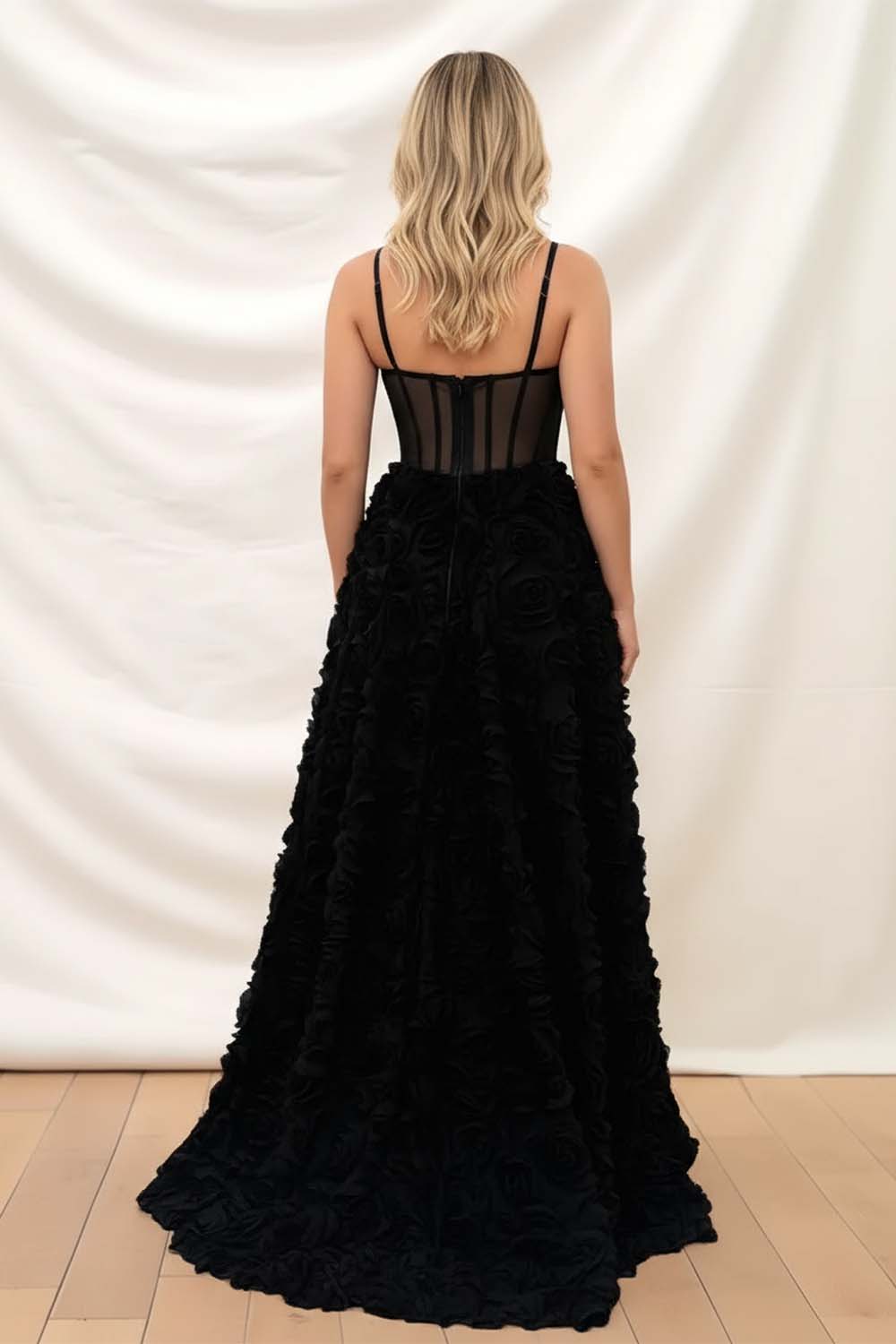 Black Sheer Illusion Mesh Ruffle Prom Dress