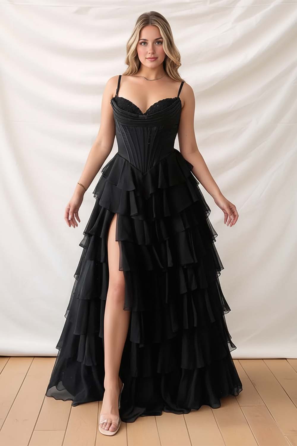 Corset Black Ruffle Prom Dress with Slit