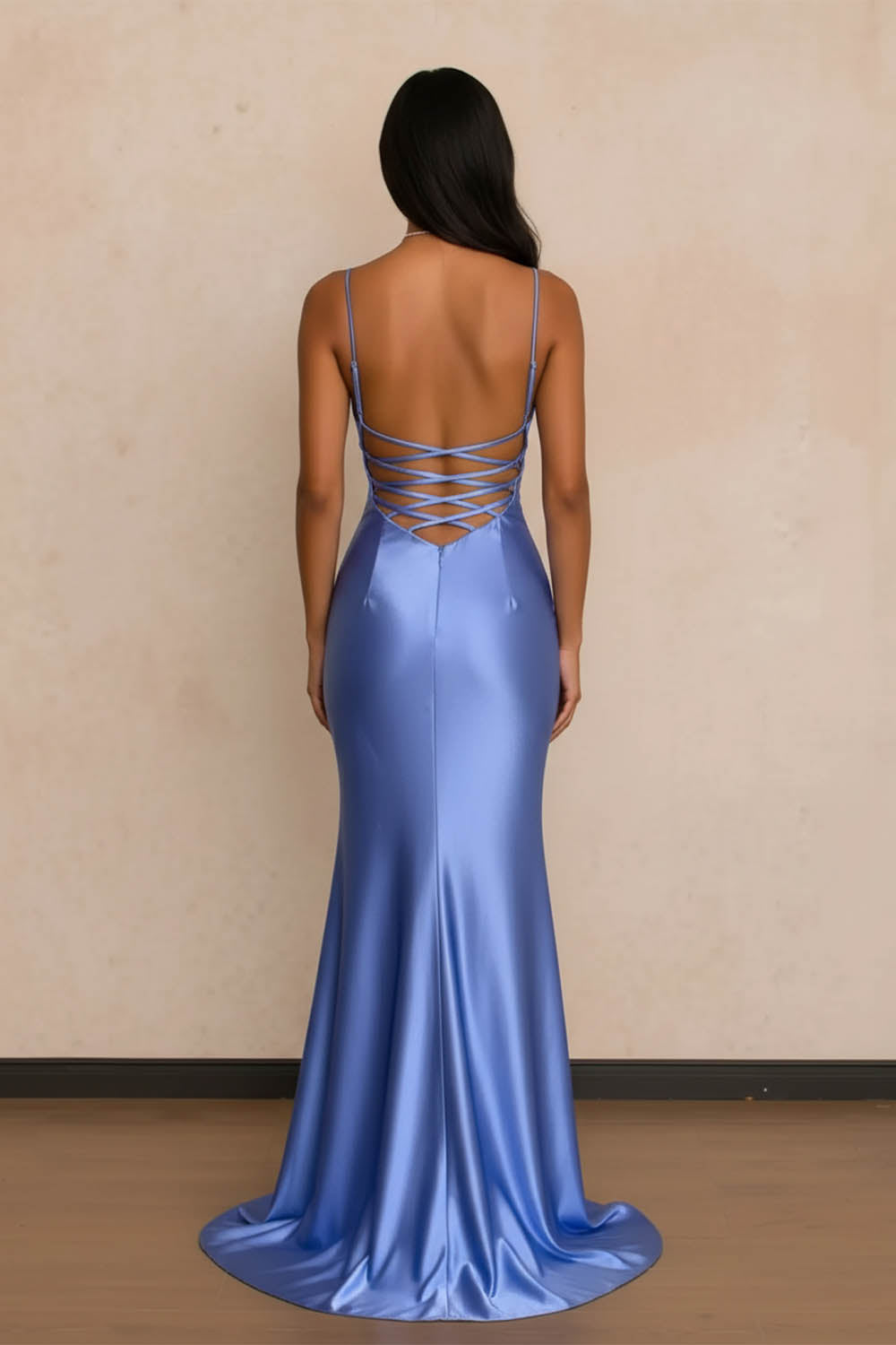 Blue Satin Open Back Prom Dress