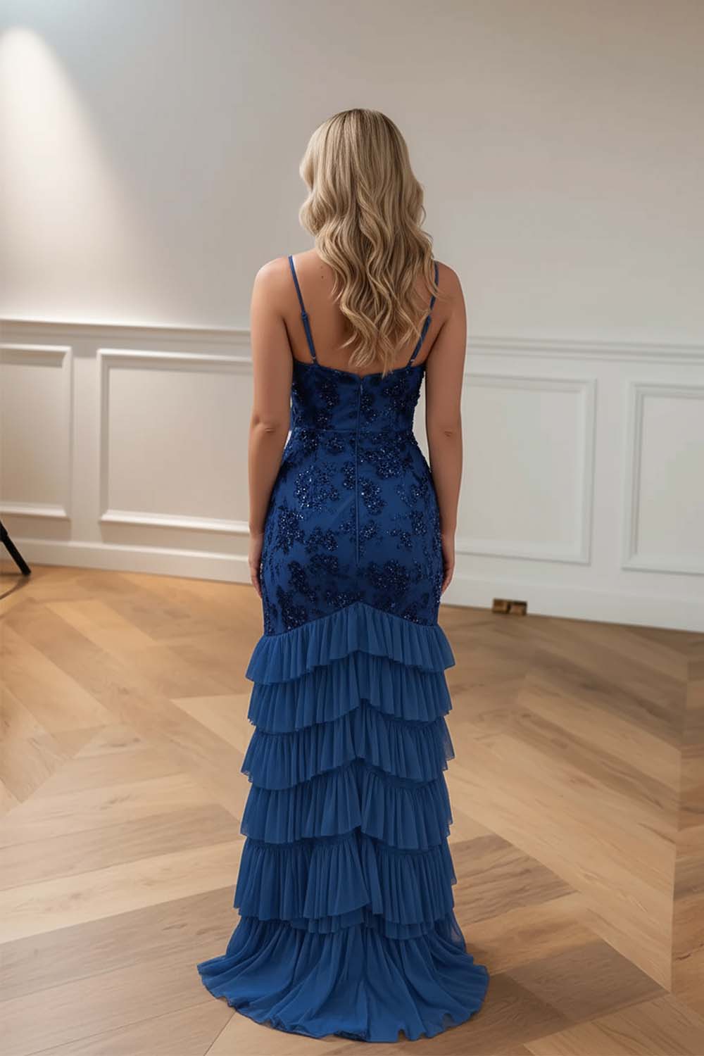 Sheath Blue Sequin Prom Dress with Ruffle Skirt