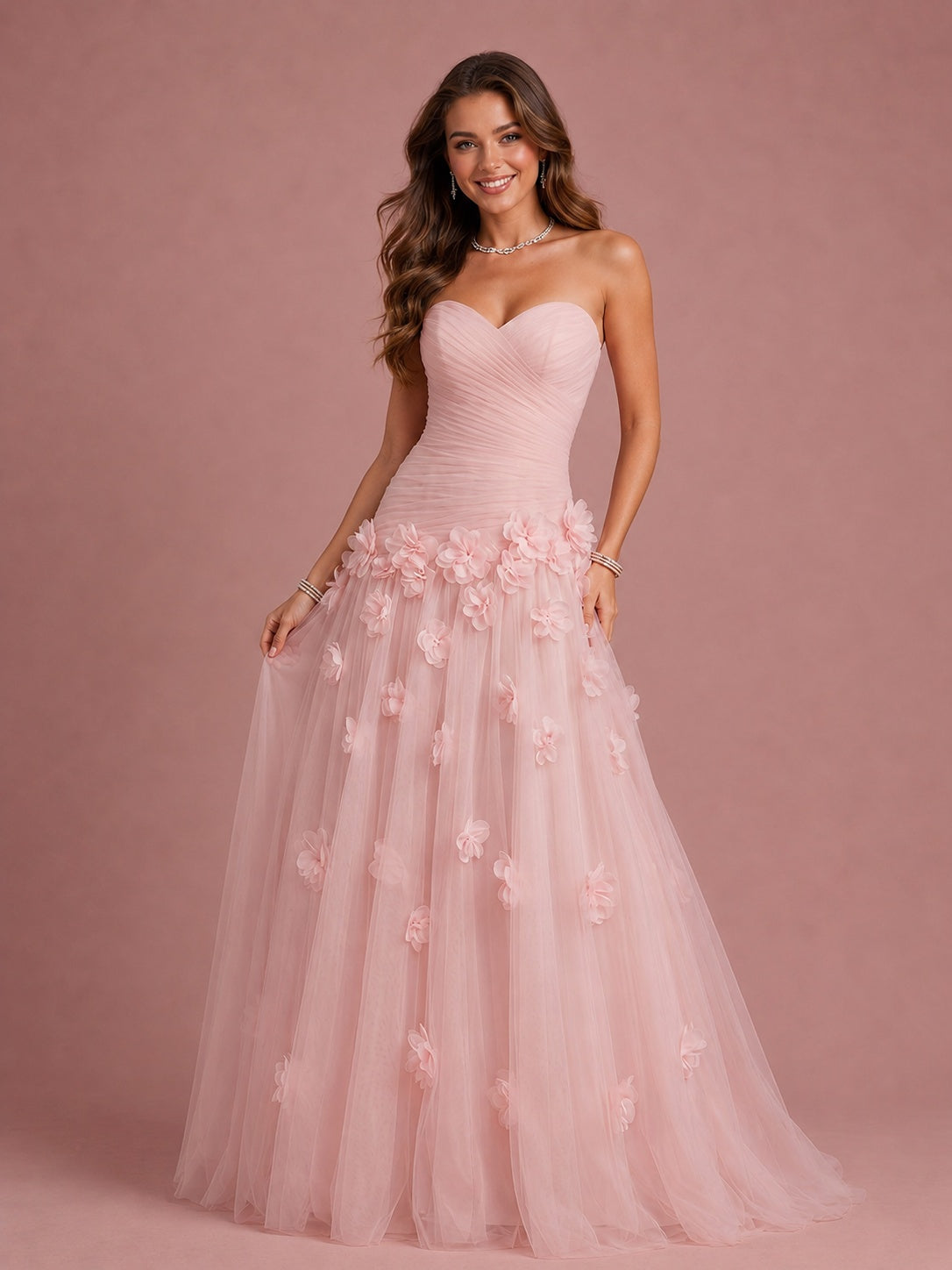 Blush Pink Strapless Sweetheart 3D Floral Tulle Ball Gown Prom Dres