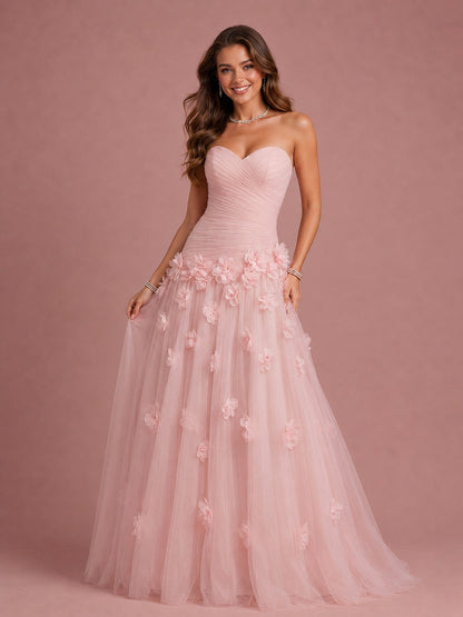 Blush Pink Strapless Sweetheart 3D Floral Tulle Ball Gown Prom Dres