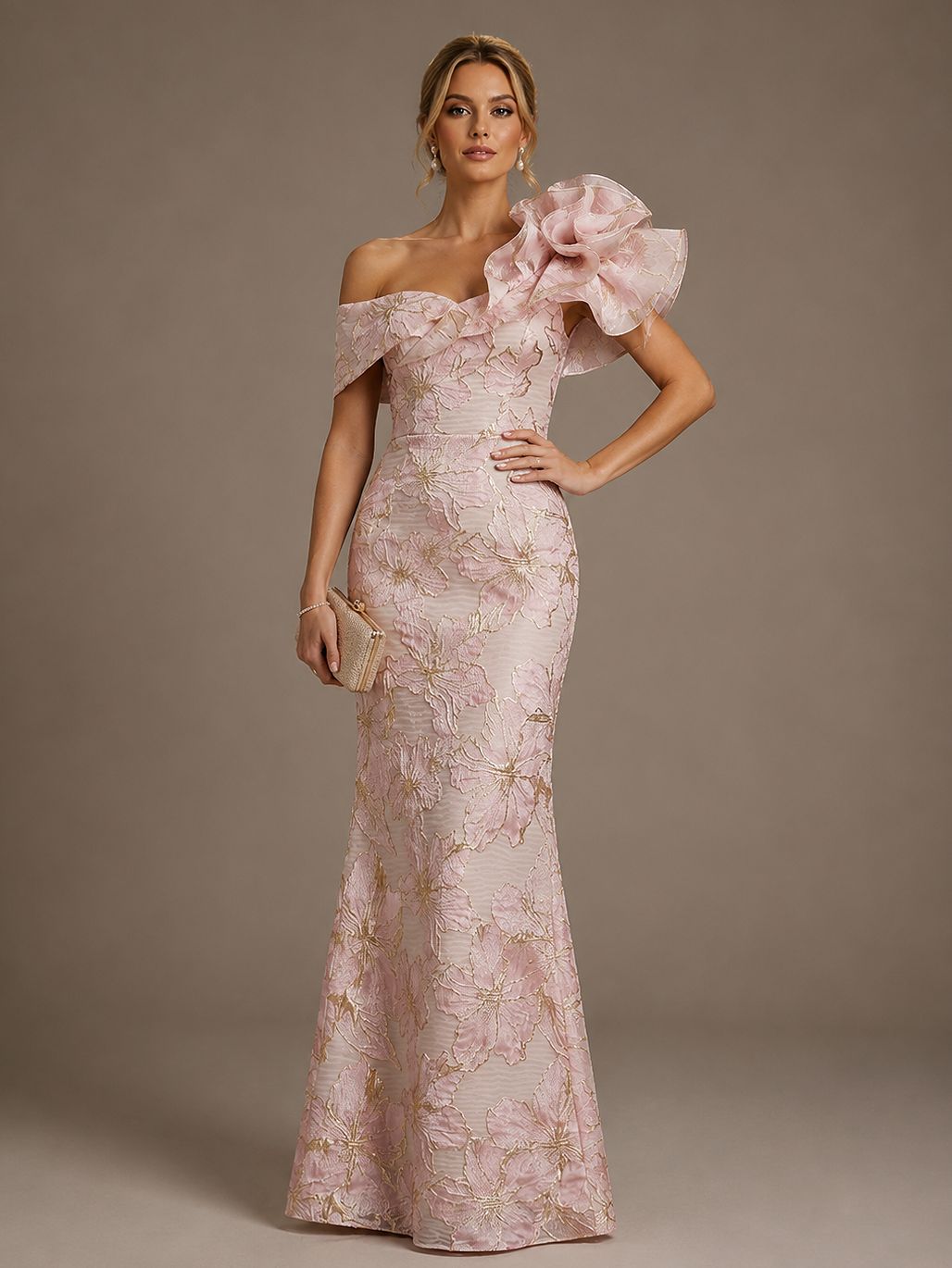 Blush Pink Floral Satin Mermaid Mother of The Bride Dress with Flower