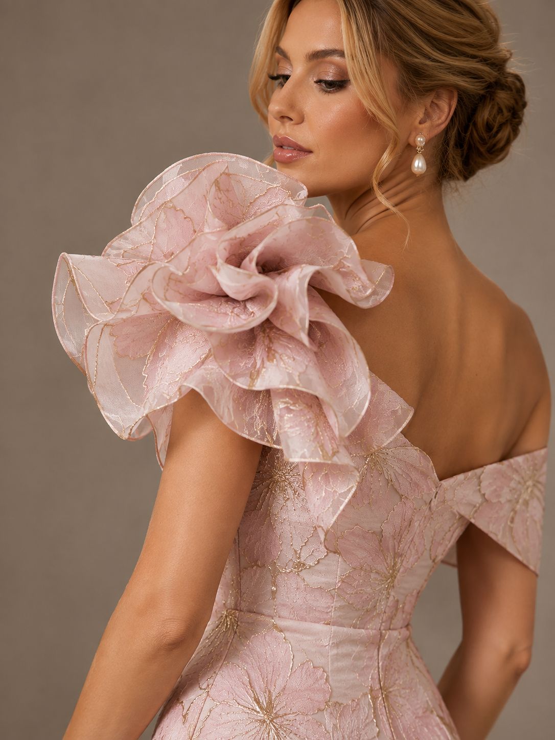 Blush Pink Floral Satin Mermaid Mother of The Bride Dress with Flower