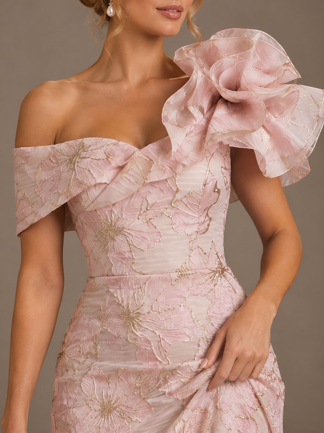 Blush Pink Floral Satin Mermaid Mother of The Bride Dress with Flower