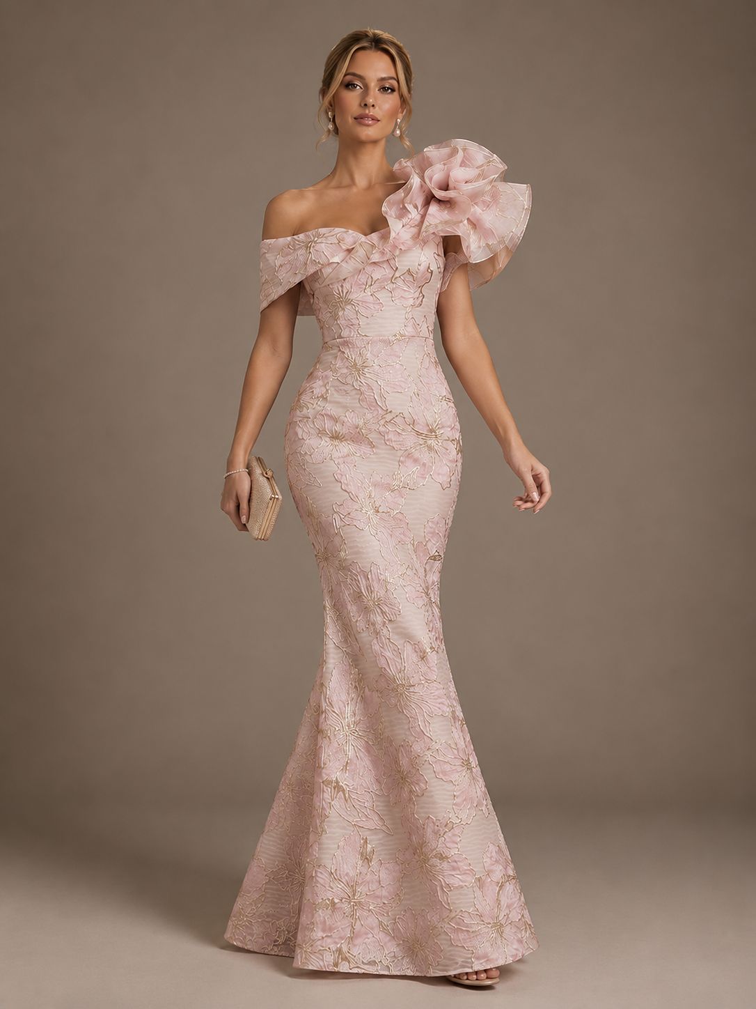 Blush Pink Floral Satin Mermaid Mother of The Bride Dress with Flower