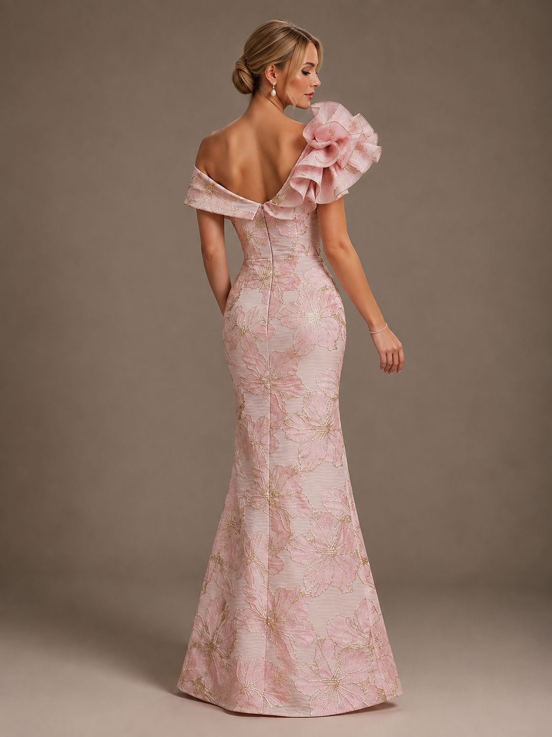 Blush Pink Floral Satin Mermaid Mother of The Bride Dress with Flower