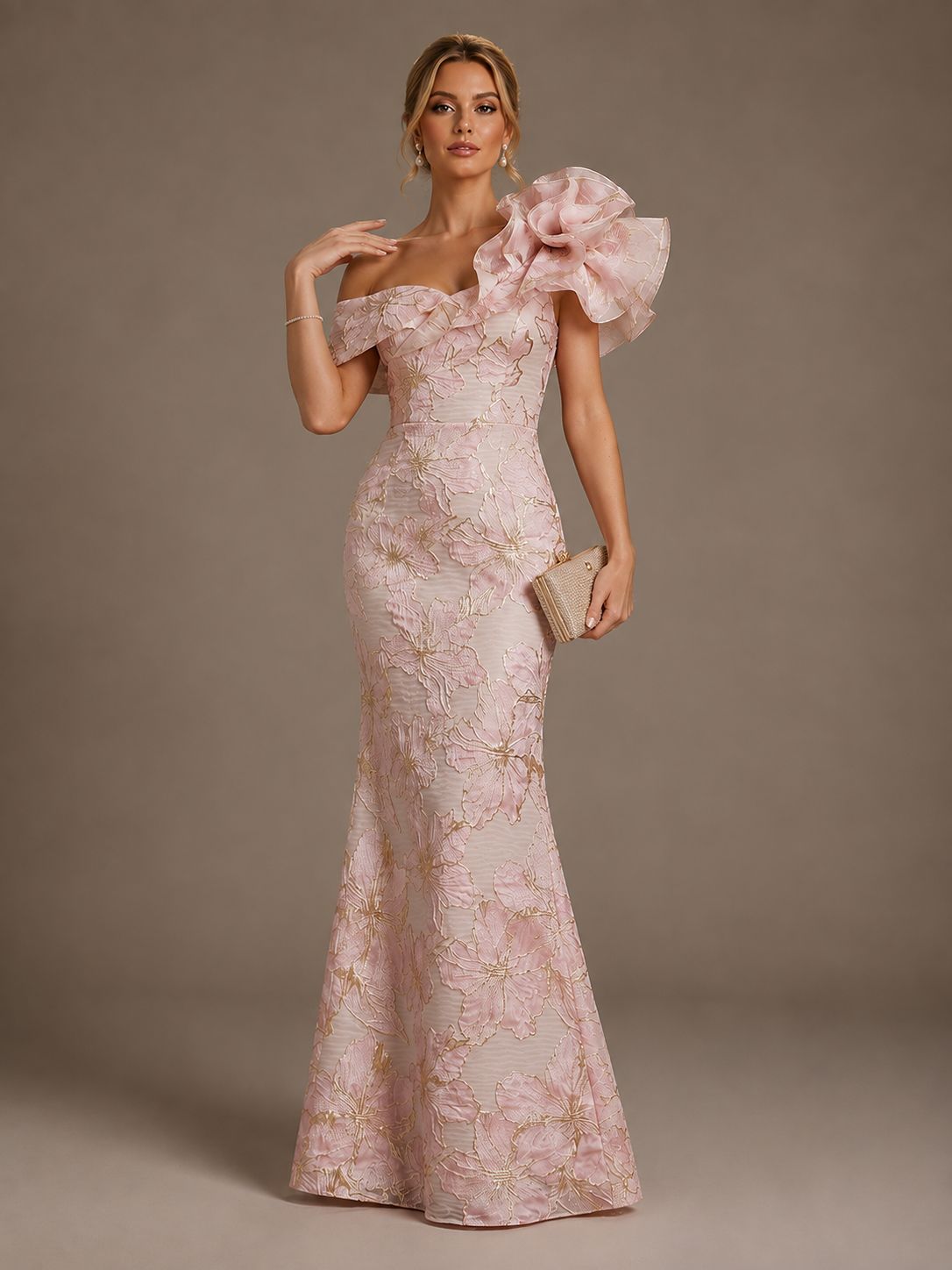 Blush Pink Floral Satin Mermaid Mother of The Bride Dress with Flower