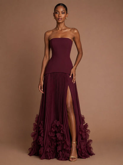 Burgundy Strapless Pleated Floral Satin Formal Dress with Side Slit