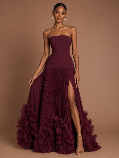 Burgundy Strapless Pleated Floral Satin Formal Dress with Side Slit