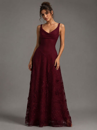 Burgundy A-Line Applique Tulle Chiffon V Neck Formal Dress