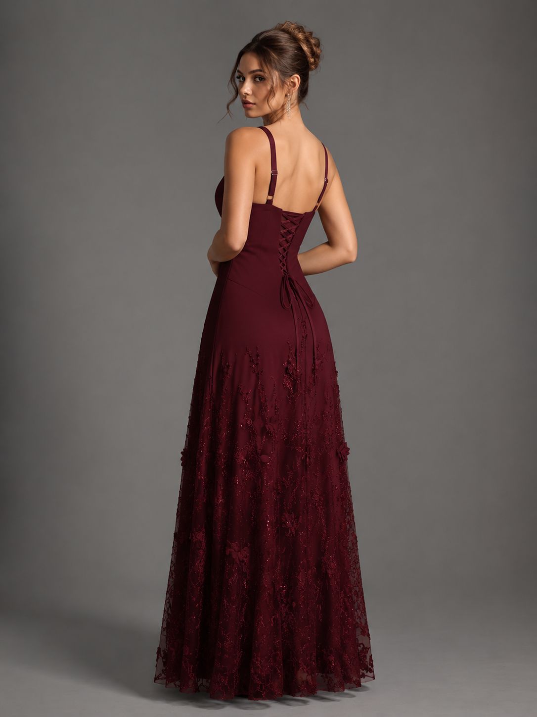 Burgundy A-Line Applique Tulle Chiffon V Neck Formal Dress