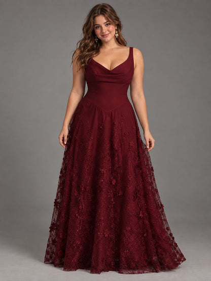 Burgundy A-Line Applique Tulle Chiffon V Neck Formal Dress