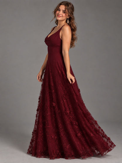Burgundy A-Line Applique Tulle Chiffon V Neck Formal Dress