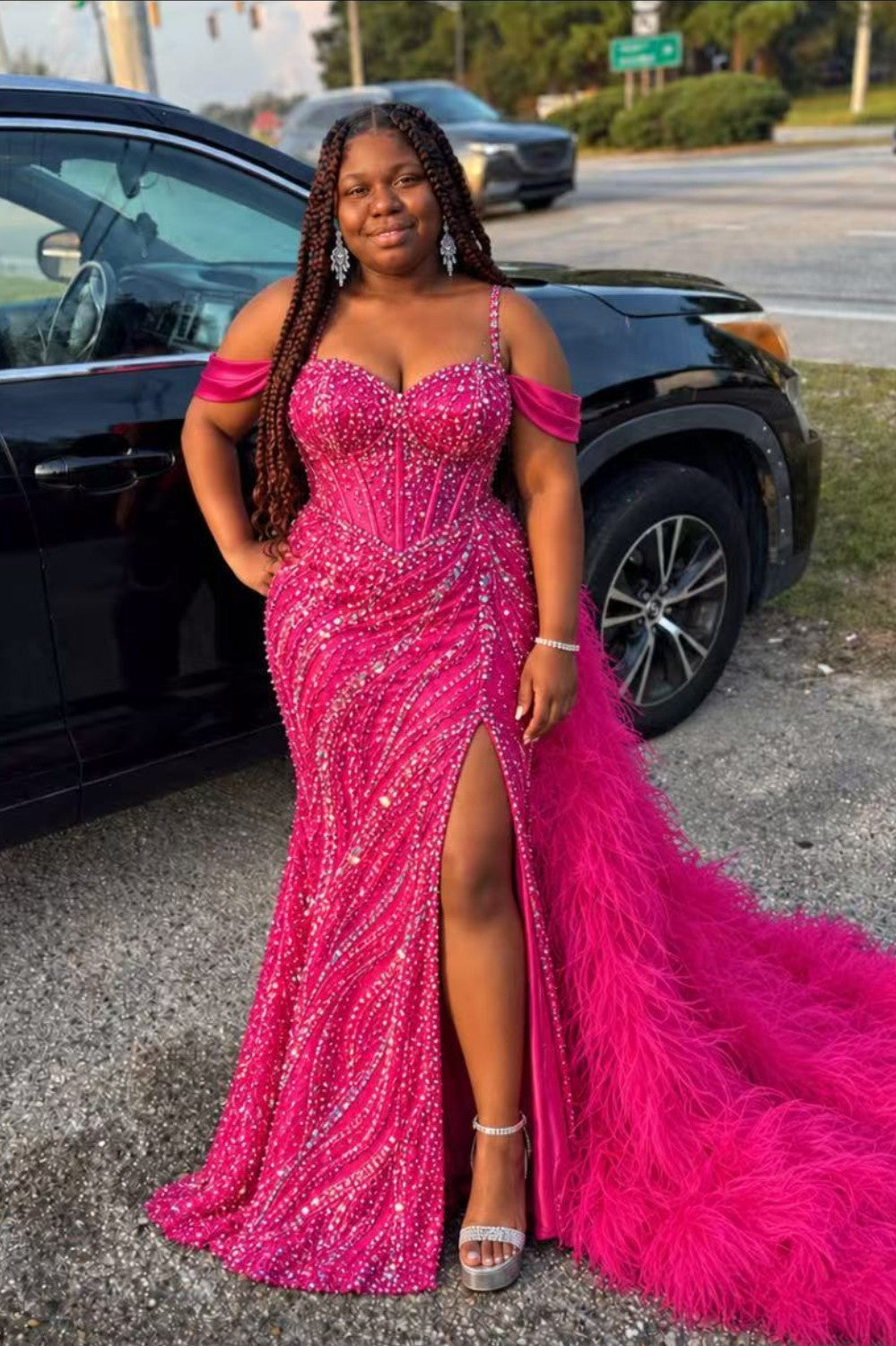 Hot Pink Sequin Beaded Off-Shoulder Feather Mermaid Homecoming Dress