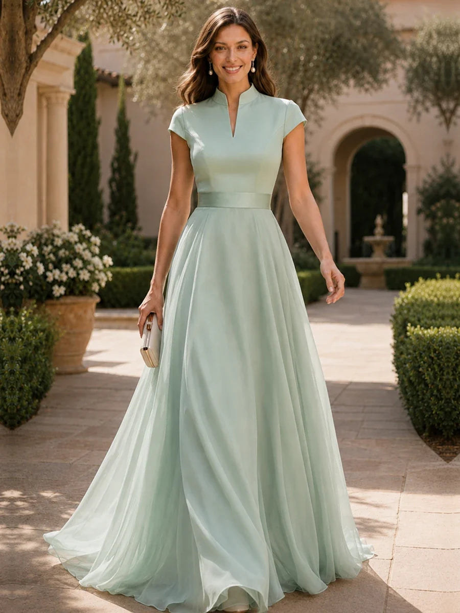 V Neck Cap Sleeve A-Line Floor-Length Satin Bridesmaid Dress