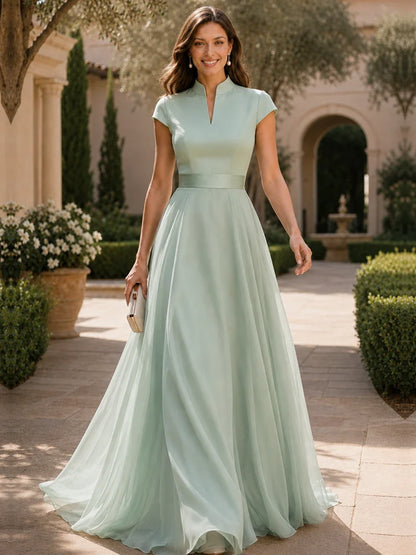 V Neck Cap Sleeve A-Line Floor-Length Satin Bridesmaid Dress