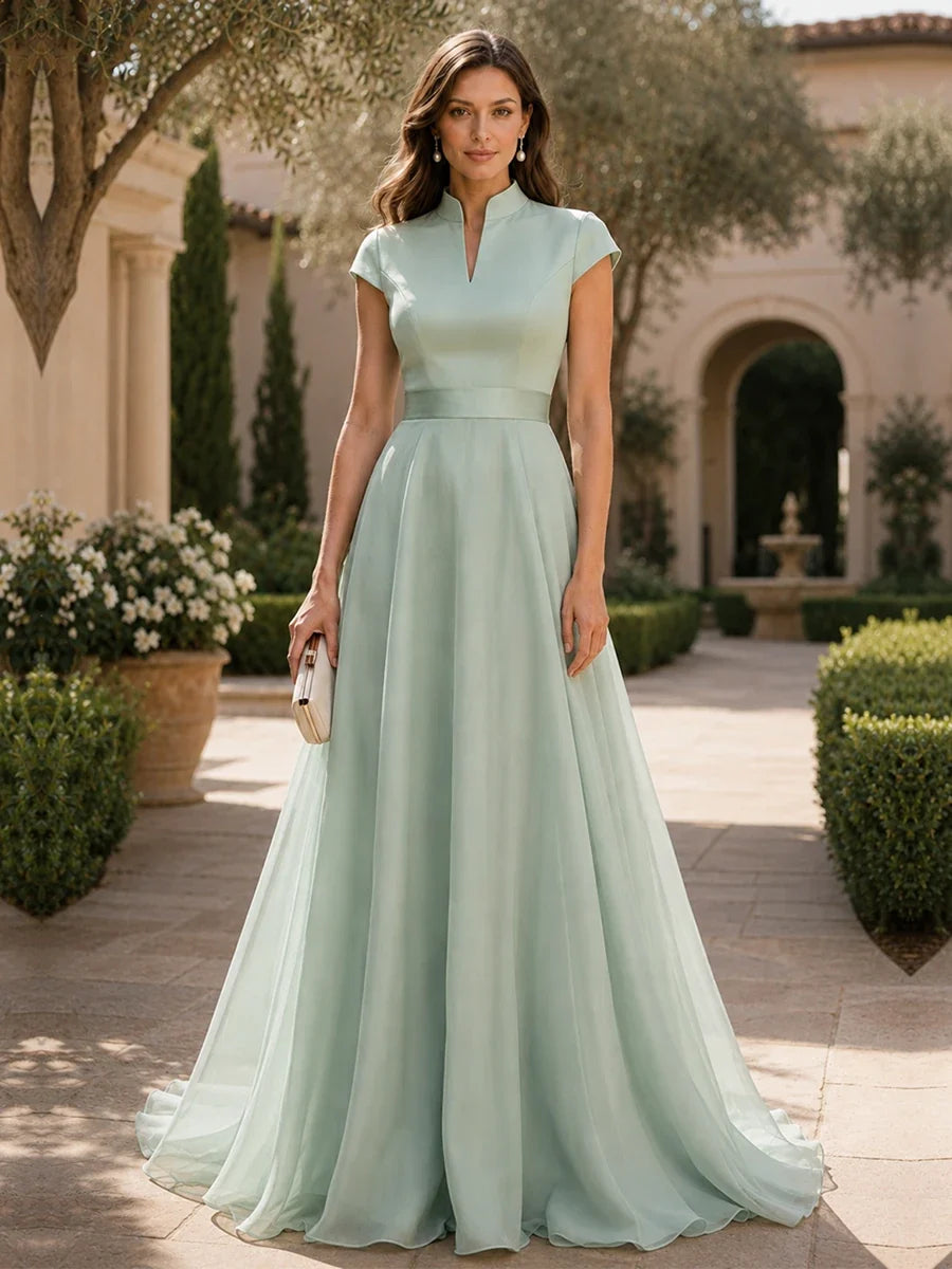 V Neck Cap Sleeve A-Line Floor-Length Satin Bridesmaid Dress