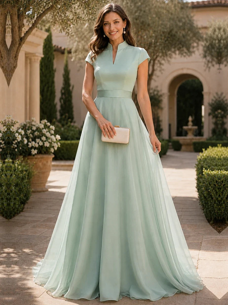 V Neck Cap Sleeve A-Line Floor-Length Satin Bridesmaid Dress