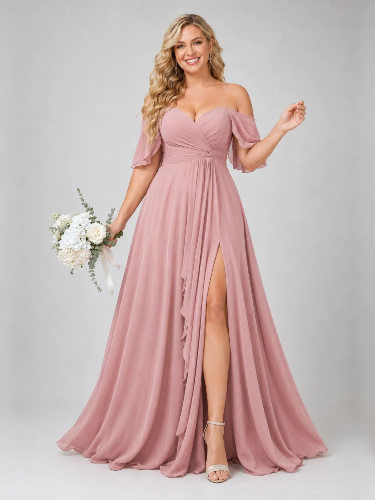 Off Shoulder Chiffon Bridesmaid Dress with Slit