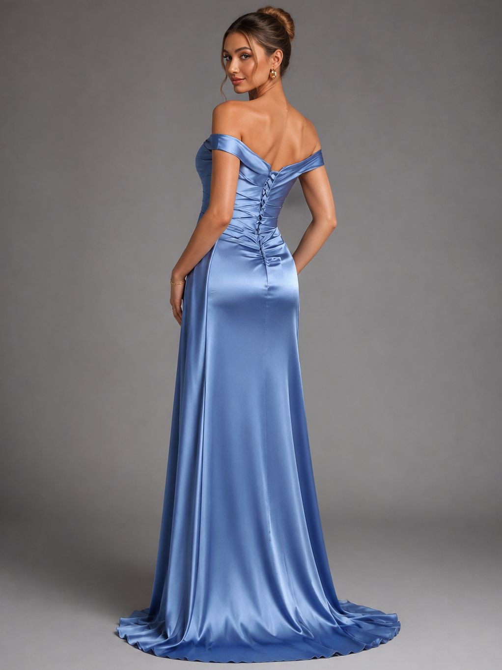 Dusty Blue Off Shoulder Satin Maxi Dress with Slit