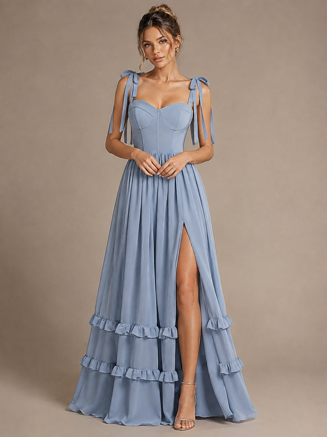 Dusty Blue Spaghetti Strap Maxi Dress with Ruffles