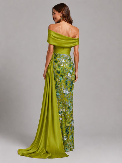 Green Floral Embellished Off-the-Shoulder Mother of the Bride Dress