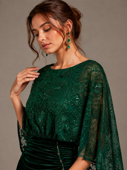 Navy Blue Floral Applique Velvet Maxi Dress