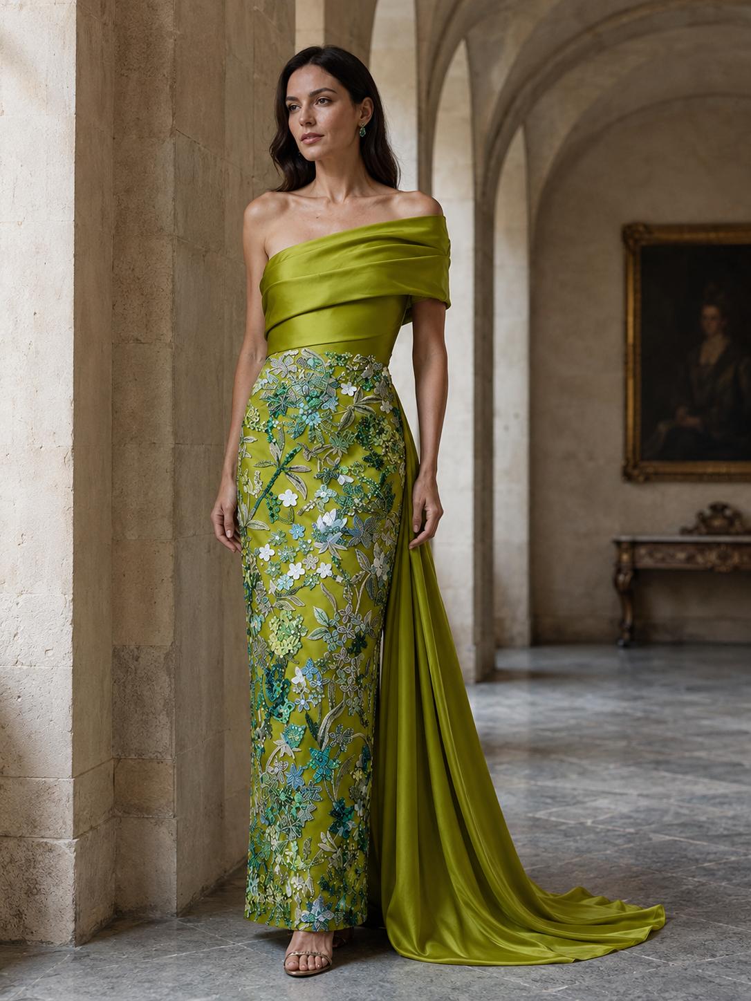 Green Floral Embellished Off-the-Shoulder Mother of the Bride Dress