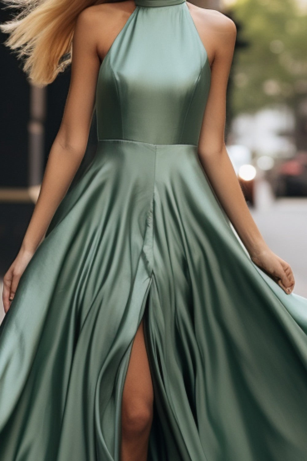 Sage Green Halter Satin Prom Gown