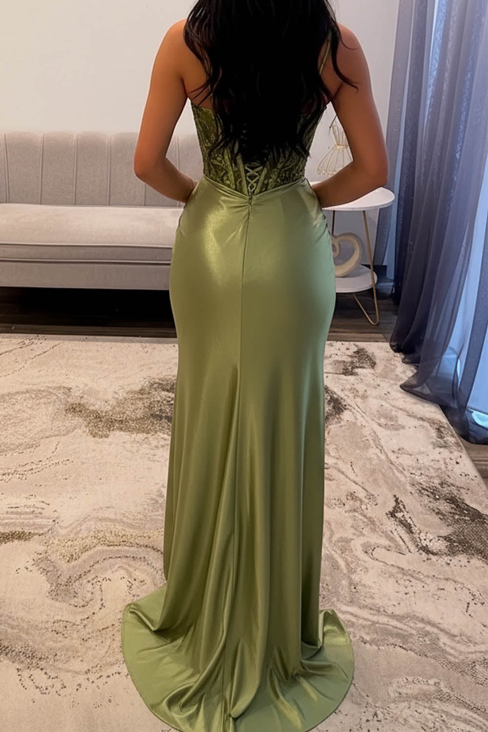 Appliques Ruched Slit Corset Bodice Prom Dress