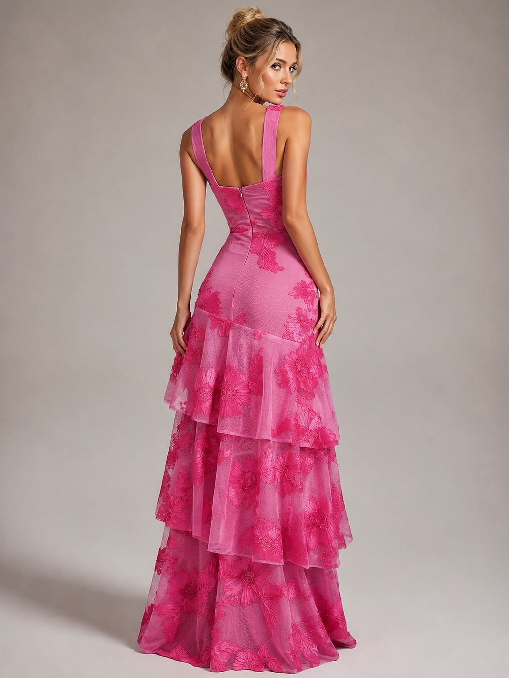 Hot Pink Halter Floral Applique Maxi Dress