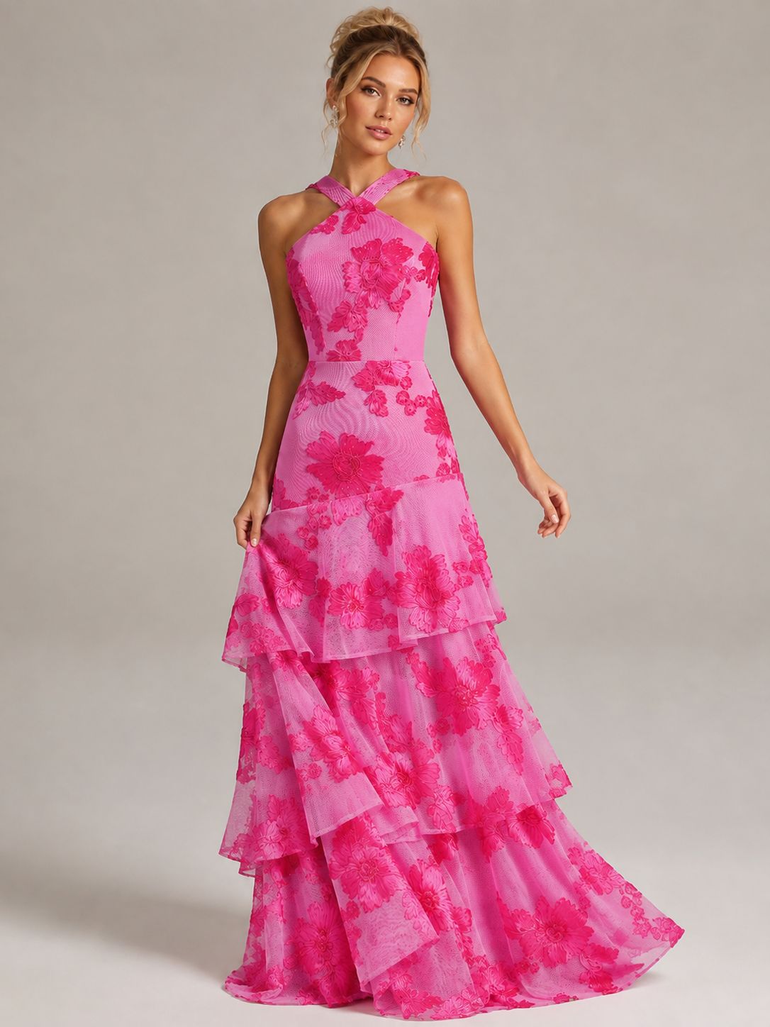 Hot Pink Halter Floral Applique Maxi Dress