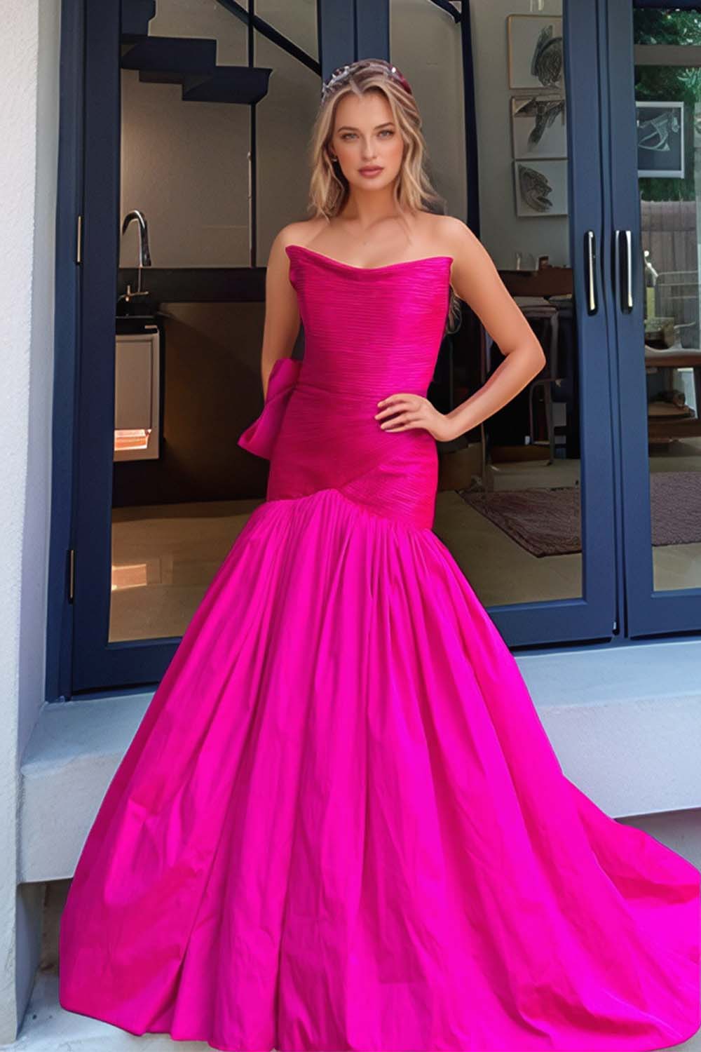 Hot Pink Mermaid Strapless Prom Dress with Bow