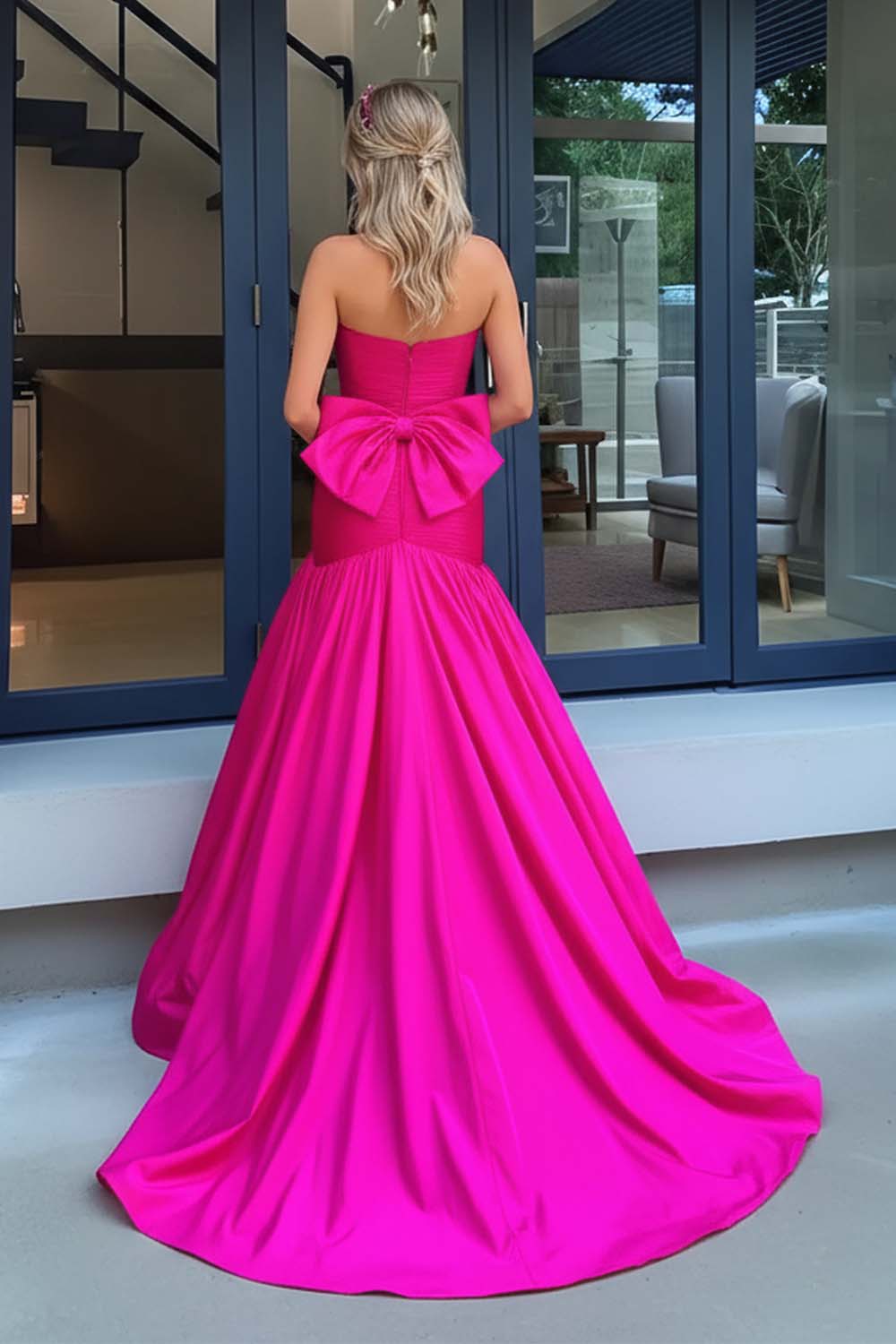 Hot Pink Mermaid Strapless Prom Dress with Bow